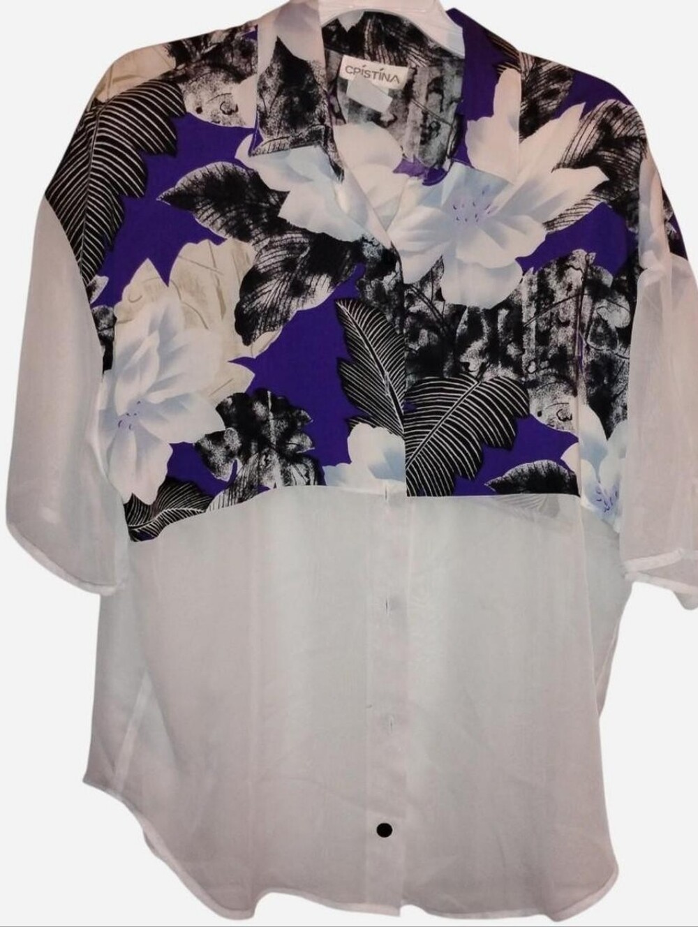 Vintage CRISTINA Women’s Large Sheer Tropical Floral Button Down Shirt 80s 90s M
